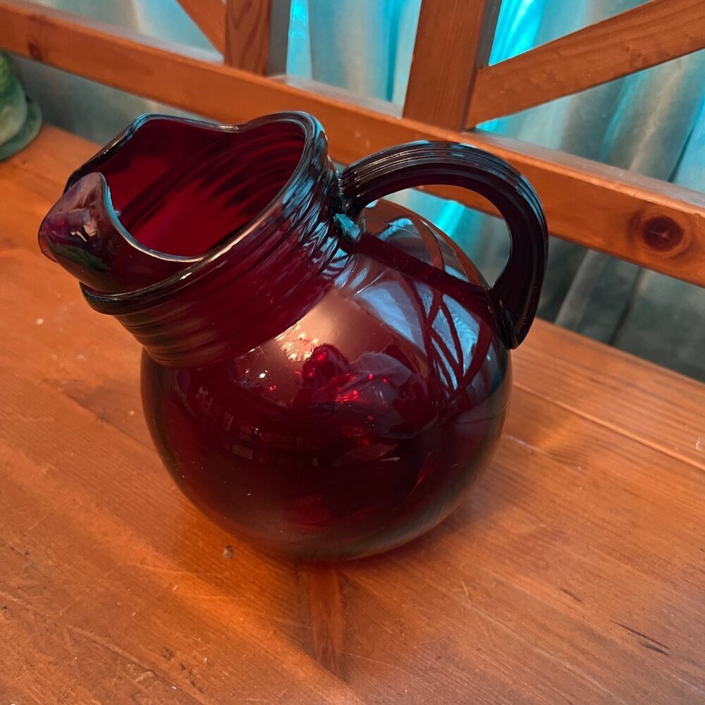 Vintage Ruby Red Glass 42oz Jug Pitcher by Anchor Hocking Glass